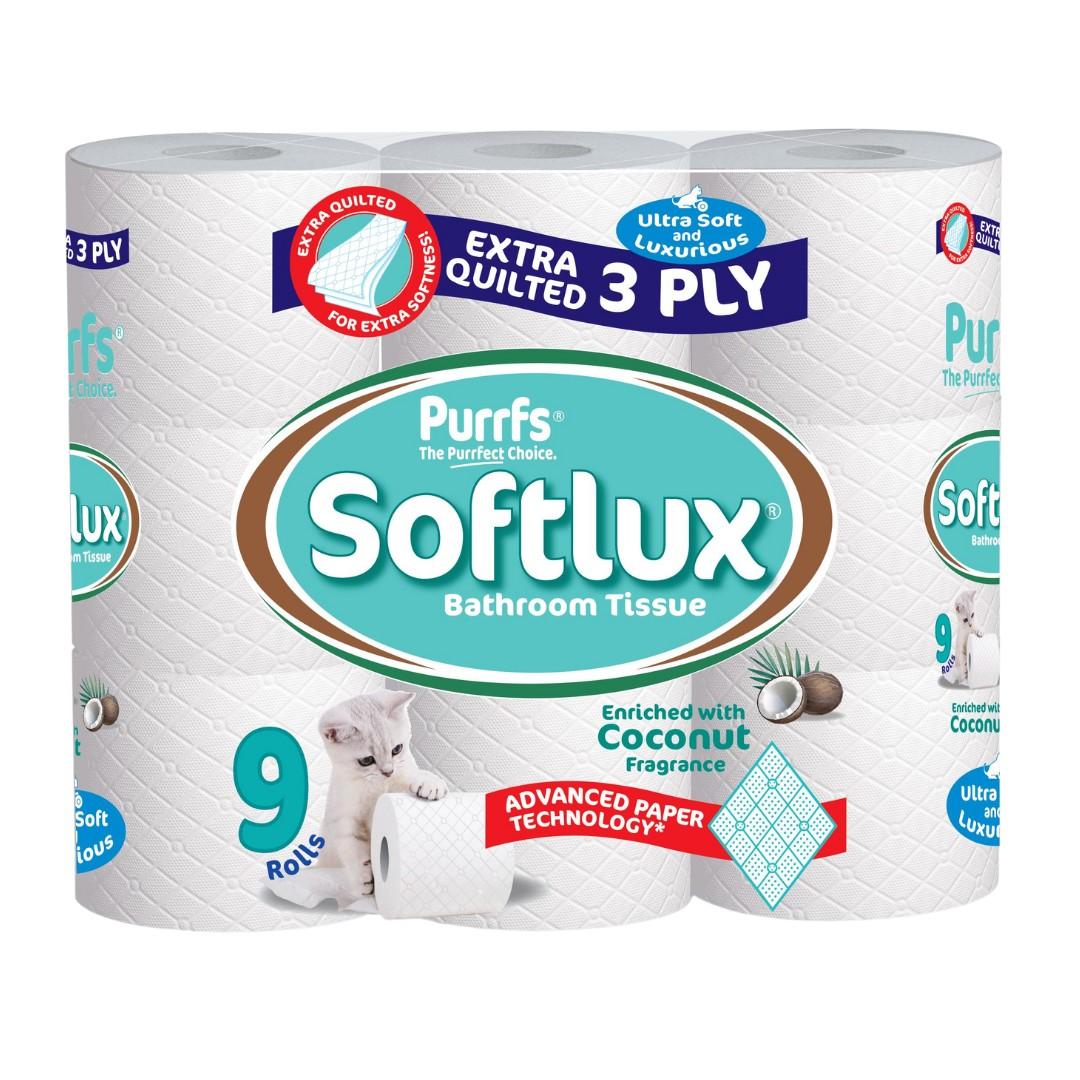 Purrffs Softlux 9 Pack Coconut Scented 3Ply Toilet Rolls Bathroom Tissue Quilted Smooth Wipe