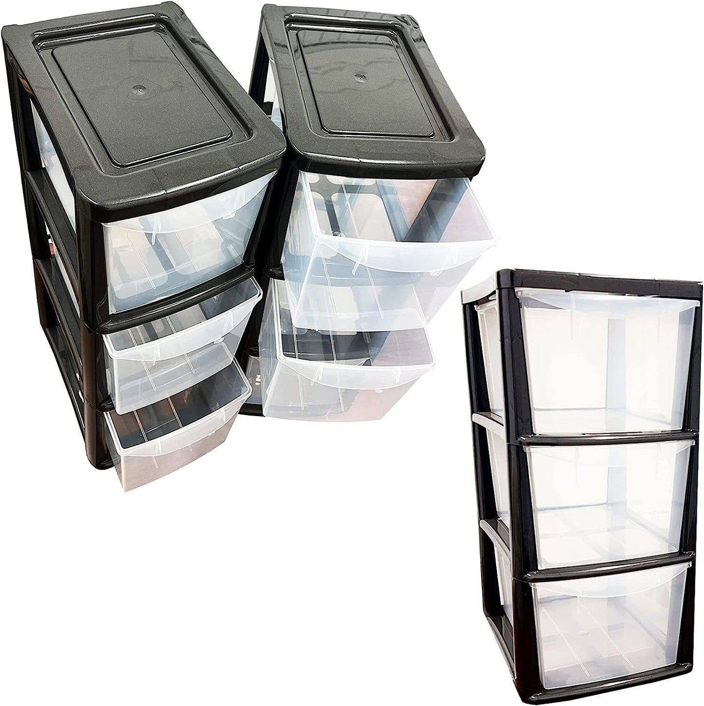 Medium Plastic Storage Drawers 3 Tower Plastic Boxes Organiser black/Platinum