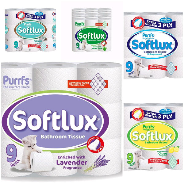 Purrffs Softlux 9 Pack Coconut Scented 3Ply Toilet Rolls Bathroom Tissue Quilted Smooth Wipe