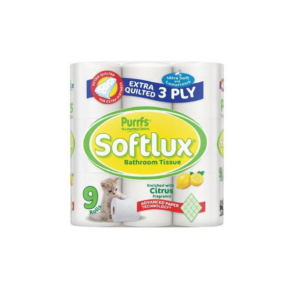 Purrffs Softlux 9 Pack Coconut Scented 3Ply Toilet Rolls Bathroom Tissue Quilted Smooth Wipe
