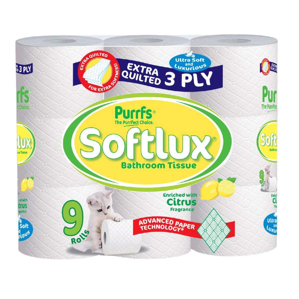 Purrffs Softlux 9 Pack Coconut Scented 3Ply Toilet Rolls Bathroom Tissue Quilted Smooth Wipe