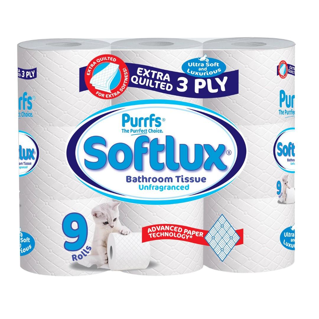 Purrffs Softlux 9 Pack Coconut Scented 3Ply Toilet Rolls Bathroom Tissue Quilted Smooth Wipe