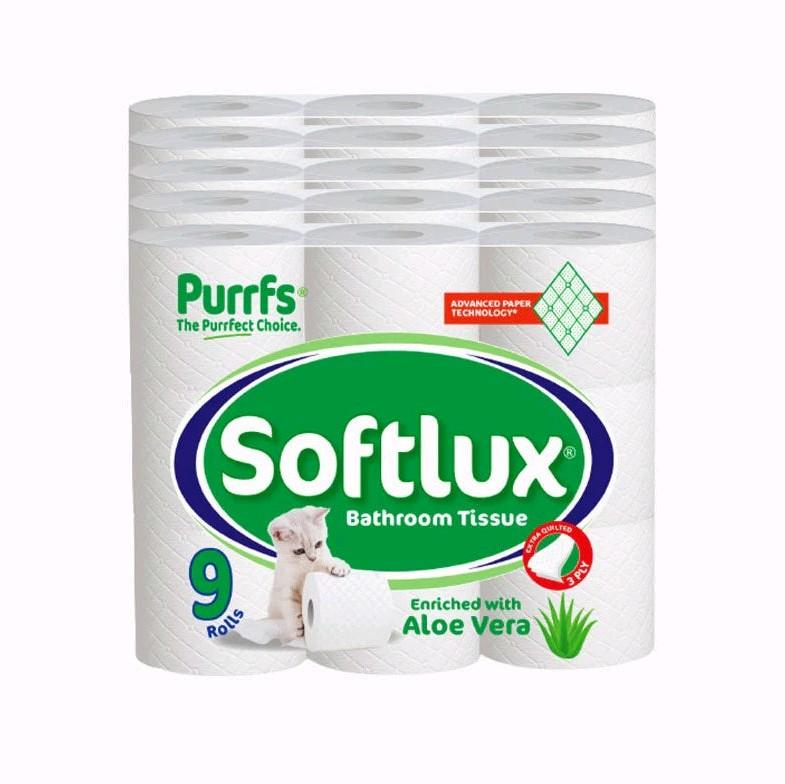 Purrffs Softlux 9 Pack Coconut Scented 3Ply Toilet Rolls Bathroom Tissue Quilted Smooth Wipe