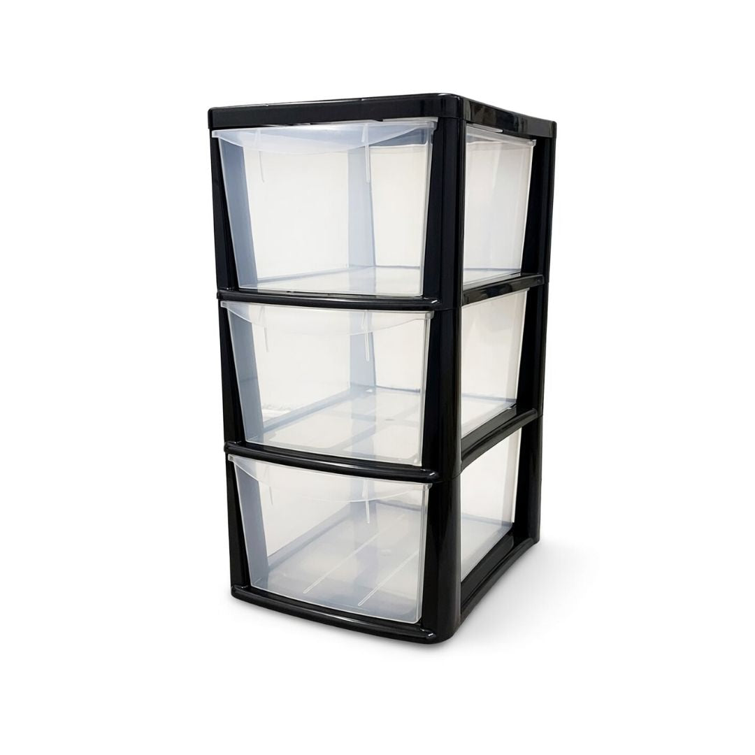 Medium Plastic Storage Drawers 3 Tower Plastic Boxes Organiser black/Platinum
