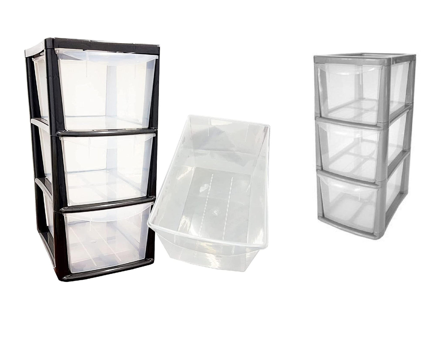 Medium Plastic Storage Drawers 3 Tower Plastic Boxes Organiser black/Platinum